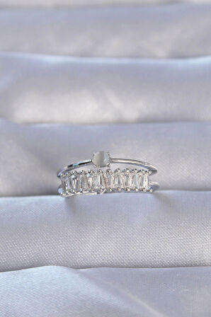 Dodes Pirinç Gümüş Renk Zirkon Taşlı Baget Su Yolu Model Ayarlanabilir Yüzük TG27BYK3228