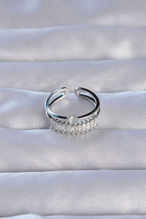 Dodes Pirinç Gümüş Renk Zirkon Taşlı Baget Su Yolu Model Ayarlanabilir Yüzük TG27BYK3228