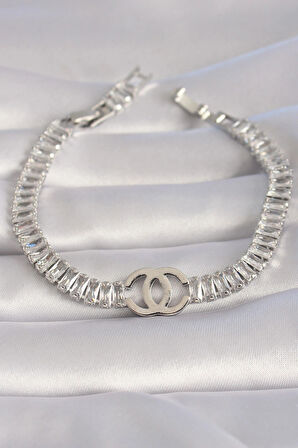 Dodes Dodes Pirinç Gümüş Renk Zirkon Taşlı Su Yolu Model VIP Seri Kadın Bileklik TG27BB5984