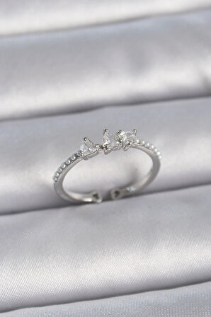 Dodes Pirinç Gümüş Renk Zirkon Taşlı Kalp İnci Detay Ayarlanabilir Model Kadın Yüzük TG27BYK3363