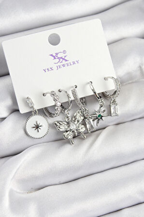 Dodes Dodes Pirinç Zİrkon Taşlı Kelebek ve Yıldız Model Gümüş Renk 3'lü Çift Kadın Küpe TG27BKP10958