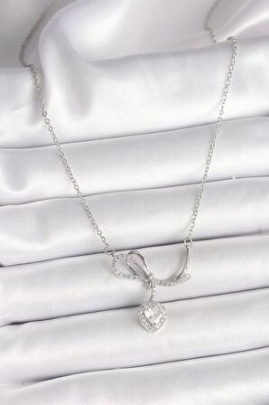 Dodes 316L Çelik Gümüş Renk Zincir Zirkon Taşlı Düğüm Sallantı Kalp Figür Kadın Kolye TG27BKO9856