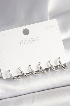 Dodes Dodes 925 Ayar Gümüş Çivi Pirinç Gümüş Renk Kalp İşlemeli Halka Model Kadın Küpe Seti TG27BKP10412