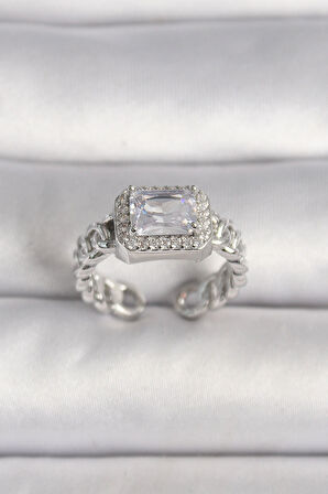 Dodes Pirinç Gümüş Renk Ayarlanabilir Zincir Kare Zirkon Taşlı Kadın Yüzük TG27BYK3583