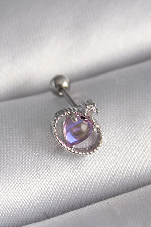 Dodes 316L Çelik Gümüş Renk Mor Mineli Kalp Zirkon Taş Detay Tragus Piercing TG27PR1273