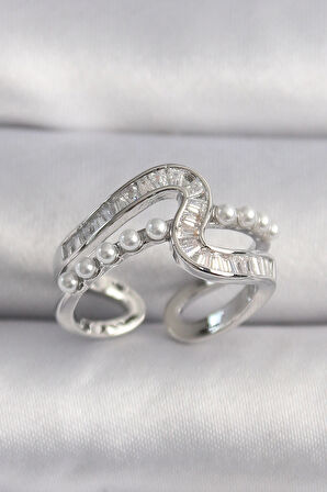 Dodes Pirinç Gümüş Renk Zirkon Taşlı İnci Detay VIP Seri Kadın Yüzük TG27BYK3519