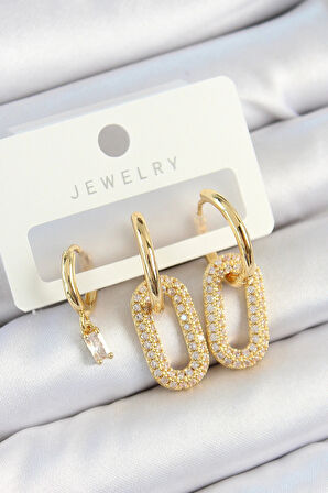 Dodes Dodes Pirinç Zirkon Taşlı Dikdörtgen Model Gold Renk 3'lü Çift Kadın Küpe Set TG27BKP10816