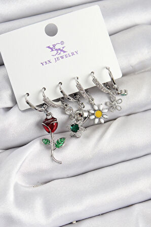 Dodes Pirinç Zİrkon Taşlı Gül Ve Papatya Model Gümüş Renk 3'lü Çift Kadın Küpe TG27BKP10956