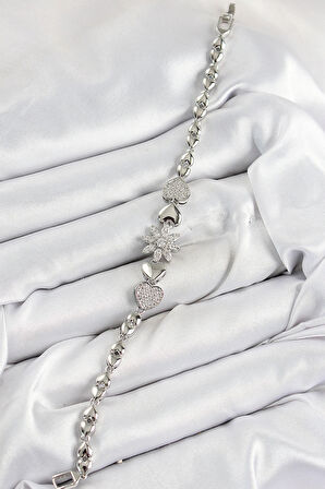 Dodes Dodes Pirinç Zirkon Taşlı Kalp Detaylı Çiçek Model Gümüş Renk Kadın Bileklik TG27BB7528