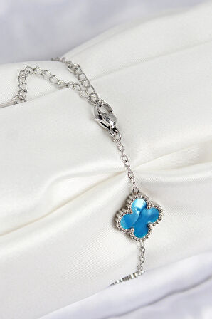 Dodes Dodes 316L Çelik Sedefli Gökyüzü Mavisi Gümüş Renk Yonca Kadın Bileklik TG27BB7667