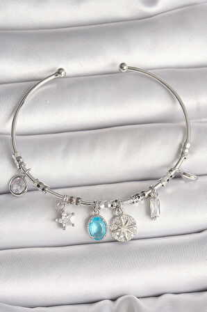 Dodes Dodes Pirinç Gümüş Renk Sallantı Pusula Figür Kalp Detay Charm Kadın Bileklik TG27BB6902