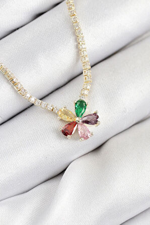 Dodes Pirinç Zirkon Taşlı Su Yolu Asorti Çiçek Model Gold Renk Kadın Kolye TG27BKO10546