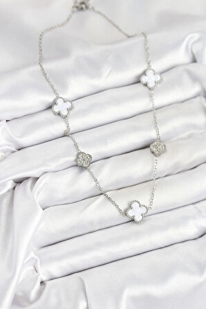 Dodes Dodes 316L Çelik Zincir Gümüş Renk Beyaz ve Zirkon Taşlı Yonca Kadın Kolye TG27BKO10588