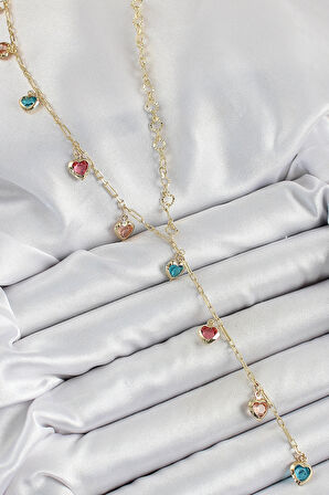 Dodes Pirinç Asorti Kalp Model Gold Renk Zirkon Taşlı Y Kolye TG27BKO10248