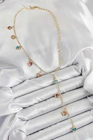 Dodes Pirinç Asorti Kalp Model Gold Renk Zirkon Taşlı Y Kolye TG27BKO10248