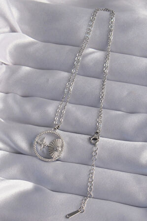 Dodes 316L Çelik Zincir Gümüş Renk Zirkon Taşlı Yıldız Figürlü Oval Kolye TG27BKO9024