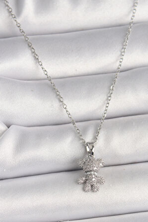 Dodes Dodes 316L Çelik Gümüş Renk Zincir Zirkon Taşlı Ayıcık Figür Kadın Kolye TG27BKO9811