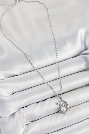 Dodes Dodes 316L Çelik İnci Detaylı Hilal Tavşan Model Gümüş Renk Kadın Kolye TG27BKO10348