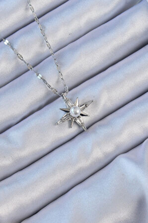 Dodes Dodes 316L Çelik Zincir Gümüş Renk Baget Taşlı İnci Detay Kutup Yıldızı Kolye TG27BKO9120