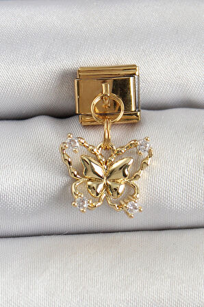 Dodes Dodes 316L Çelik Sallantılı Zirkon Taşlı Kelebek Model Gold Renk Nomination Charm TG27BC1434
