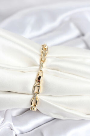 Dodes Pirinç Gold Renk Kare Zincir Model Zirkon Taşlı Kadın Bileklik TG27BB8030