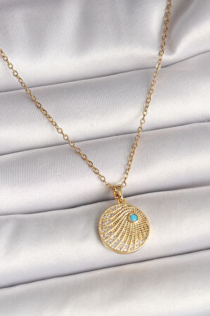 Dodes 316L Çelik Gold Renk Zincir Zirkon Taş İşlemeli Mavi Taş Detaylı Madalyon Model Kadın Kolye TG27BKO9964