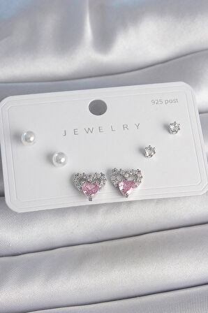 Dodes Pirinç Gümüş Renk Pembe Zirkon Taşlı Kalp Model İnci Detay 925 Ayar Gümüş Çivi Kadın Küpe Seti TG27BKP10489