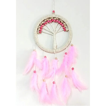 Dodes Pembe Kuş Tüylü Hayat Ağacı Düş Kapanı Dream Catcher Duvar Süsü