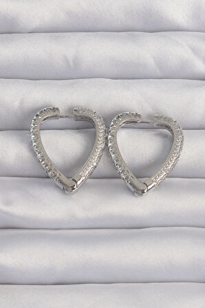 Dodes Pirinç Gümüş Renk Zirkon Taşlı Motifli Kalp Küpe TG27BKP9284