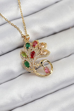 Dodes Dodes 316L Çelik Zirkon Taşlı Tavus Kuşu Model Gold Renk Kadın Kolye TG27BKO10514