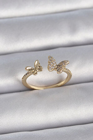Dodes Pirinç Gold Renk Ayarlanabilir Zirkon Taşlı Kelebek Model Kadın Yüzük TG27BYK3374