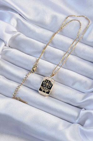 Dodes Dodes 316L Çelik Zincir Altın Renk İşlemeli Siyah Mineli Tarot Kolye TG27BKO9236