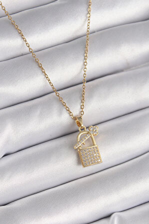 Dodes 316L Çelik Gold Renk Zincir Zirkon Taşlı Asma Kilit Anahtar Model Kadın Kolye TG27BKO9585