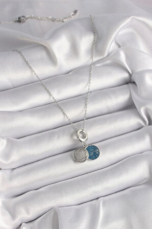 Dodes Dodes 316L Çelik Gümüş Renk Zincir Zirkon Taşlı İşleme Mavi Simli Kadın Kolye TG27BKO9641