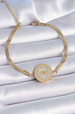 Dodes 316L Çelik Gold Renk İtalyan Zincir Zirkon Taşlı Göz İşlemeli Madalyon Model Kadın Bileklik TG27BB6445