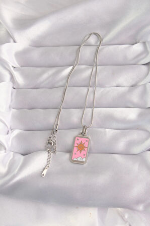 Dodes 316L Çelik Gümüş Renk Pembe Mineli Güneş Model Tarot Kolye TG27BKO9043