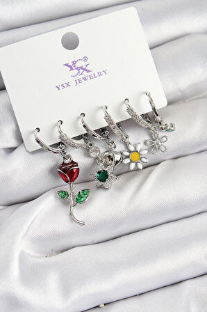 Dodes Dodes Pirinç Zİrkon Taşlı Gül Ve Papatya Model Gümüş Renk 3'lü Çift Kadın Küpe TG27BKP10956