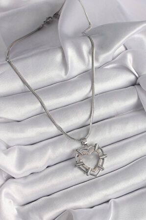 Dodes Dodes 316L Çelik Gümüş Renk İtalyan Zincir Mix Renk Zirkon Taş Detay Kalp Model Kadın Kolye TG27BKO9600