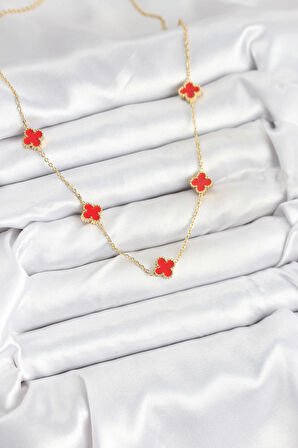 Dodes Dodes 316L Çelik Zincir Gold Renk Kırmızı Baby Boy Yonca Kadın Kolye TG27BKO10580