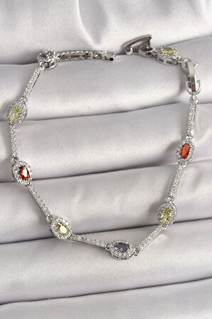 Dodes Pirinç Gümüş Renk Renkli Zirkon Taşlı Damla Taş Model Kadın Bileklik TG27BB6873