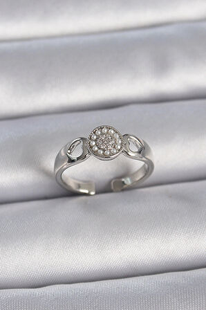 Dodes Pirinç Gümüş Renk Zirkon Taşlı İncili Kalp İşleme Detay Ayarlanabilir Model Kadın Yüzük TG27BYK3359