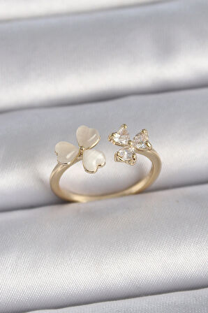 Dodes Dodes Pirinç Gold Renk Ayarlanabilir Zirkon Taşlı Kalp Beyaz Mineli Model Kadın Yüzük TG27BYK3388