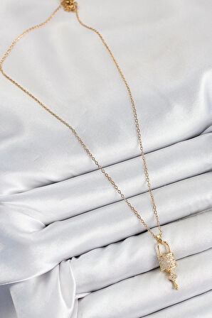 Dodes 316L Çelik Zirkon Taşlı Kilit Ve Sallantılı Anahtar Model Gold Renk Kadın Kolye TG27BKO10353