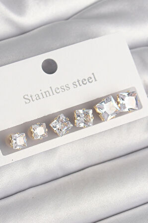 Dodes Dodes 316L Çelik Gold Renk Kare Zirkon Taş Model Kadın Küpe Seti TG27BKP10304