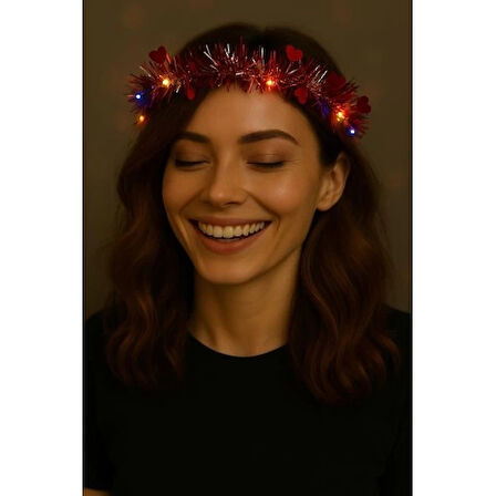 Dodes Kalp Püsküllü Gece Parıltısı 3 Modlu LED'li Işıklı Taç Kırmızı Renk