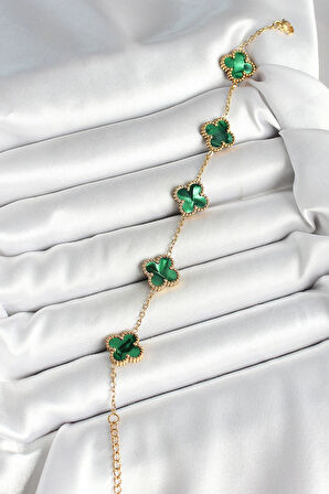 Dodes Dodes 316L Çelik Sedefli Zümrüt Yeşil Gold Renk Yonca Kadın Bileklik TG27BB6968