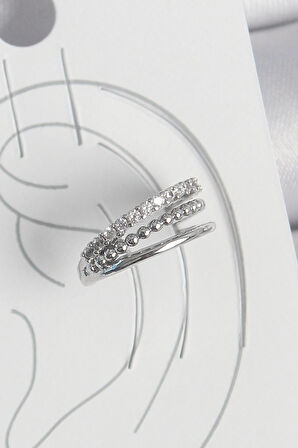 Dodes Pirinç Gümüş Renk Zirkon Taşlı 3'Lü Sıralı Model Kadın Kıkırdak Küpe TG27BKP10555