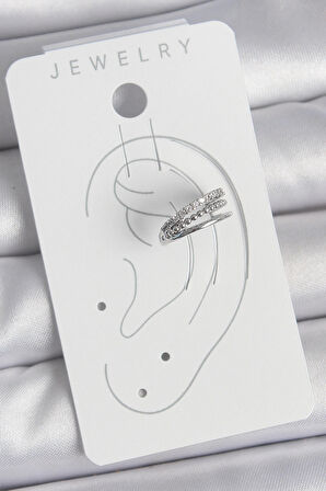 Dodes Pirinç Gümüş Renk Zirkon Taşlı 3'Lü Sıralı Model Kadın Kıkırdak Küpe TG27BKP10555