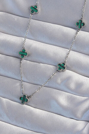 Dodes Dodes 316L Çelik Gümüş Renk Minimal Yeşil Mineli Yonca Kolye TG27BKO8999