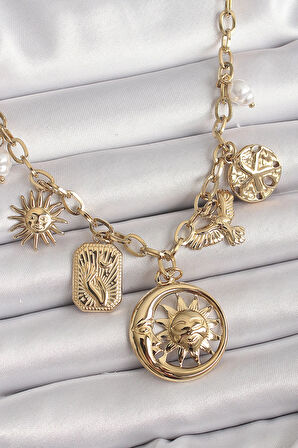 Dodes 316L Çelik Gold Renk Halka Zincir Sallantı Ay Güneş Figür Kuş Detay Kadın Kolye TG27BKO9850